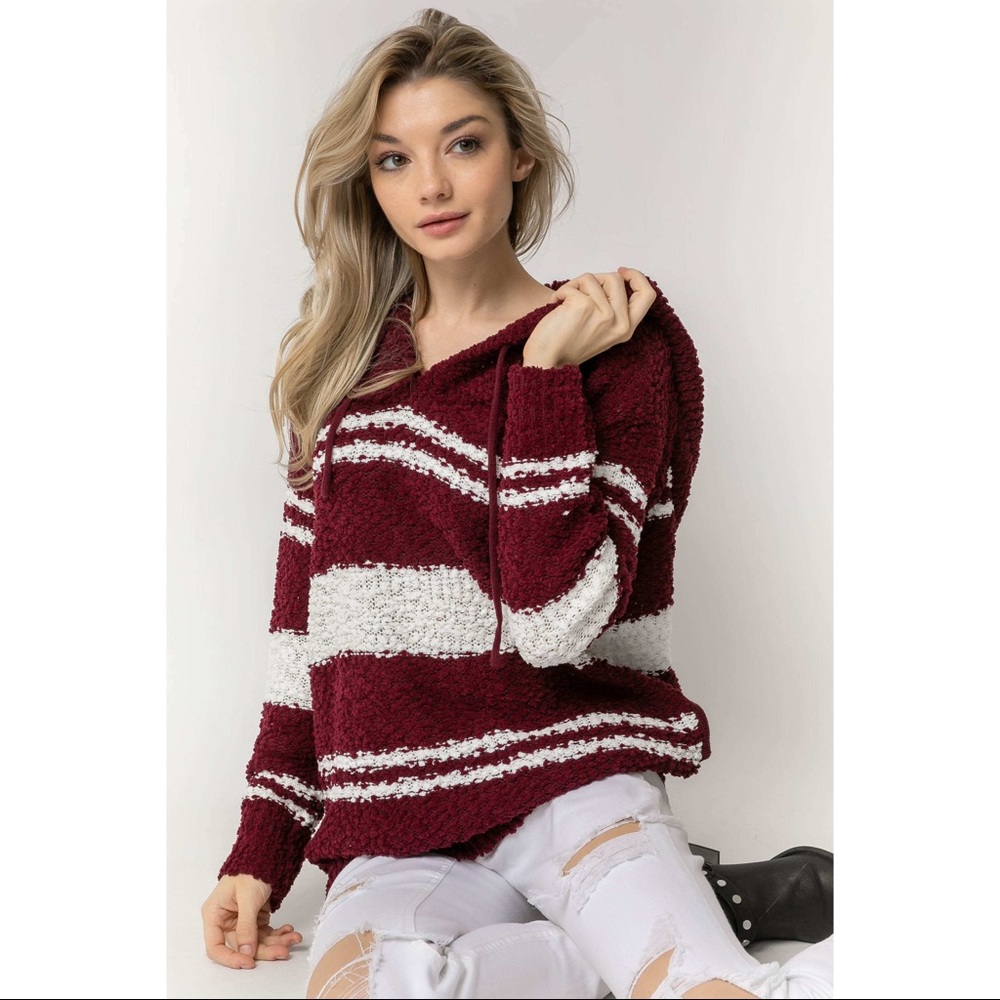 Burgundy & White Striped Popcorn Hoodie - Picture 2 of 5
